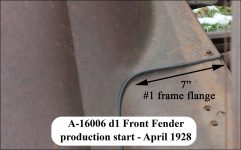 A-16006 LH d1 Front Fender - 7" frame flange (1927—4/28)